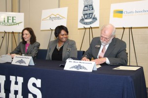 From left, Emily Lembeck, superintendent for Marietta City Schools; Marietta High School Principal Forrestella Taylor; and CTC President Dr. Ron Newcomb.
