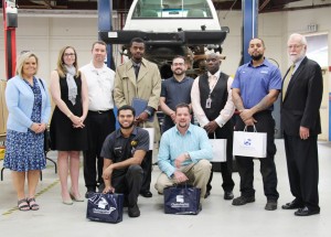 Back row, from left: AutoNation HR Manager Julie Banker, AutoNation Market Human Resources Manager Kristen Sowemimo, AutoNation Toytota Service Director Brian McClain, Automotive Technology students Emmanuel Unachukwu, William Beasley, Dr. Tharis Word, Sean Davis, CTC President Dr. Ron Newcomb; front row: Automotive Technology students Cameron Weaver and Michael King.