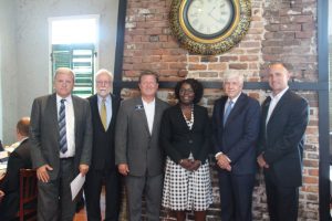 Photo of Bartow County Commissioner Steve Taylor, CTC President Dr. Newcomb, Technical College System of Georgia State Board member Jay Cunningham and new CTC board members Shenelle Gordon, human resources manager for Voestalpine Automotive Components Cartersville, Inc.; Jim Hawk, Toyo Tire president and chairman; and Jim Larson, corporate training manager for Yancey Bros. Co.