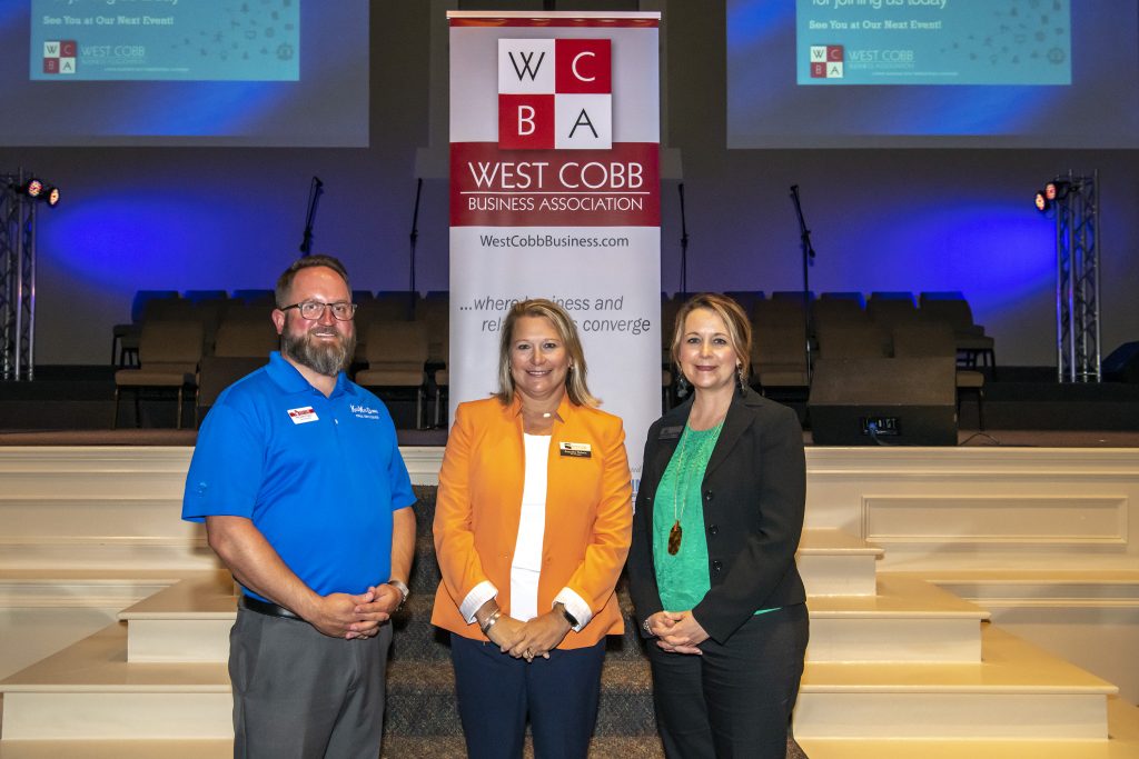 Shown, l-r, are West Cobb Business Association President-Elect Jason Pendley, Chattahoochee Tech Vice President for Student Affairs and External Affairs Jennifer Nelson, and Chattahoochee Tech Director of Advancement Stephanie Hubbell.
