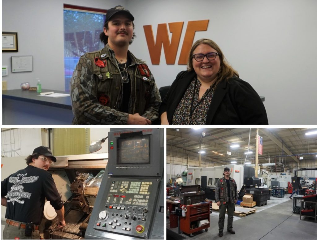 Chattahoochee Tech graduate Nicholas Long is putting his CNC Technology training to work at Win-Tech, Inc. in Cobb County. He is shown here on the job, and with Win-Tech Operations Director Allison Giddens, who also serves on the Chattahoochee Tech Foundation Board of Trustees.