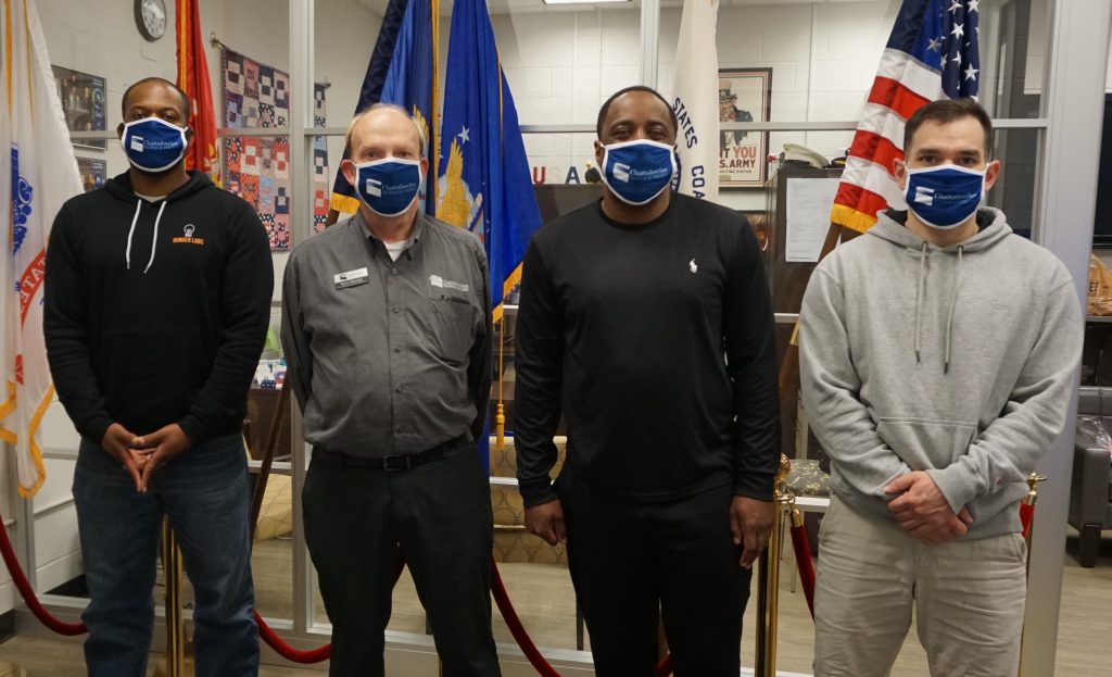 Pictured here, l-r, are Marine Veteran Lee Rutledge, Veteran Services Coordinator Barry Munday, Army Veteran Joshua Payne, and Army Veteran Octavius Jackson.