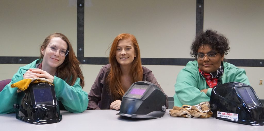 Sarah Macedo, Katarina Highley-Sowers, and Ceason Eisele, l-r, are welding students at the Chattahoochee Tech Paulding Campus.
