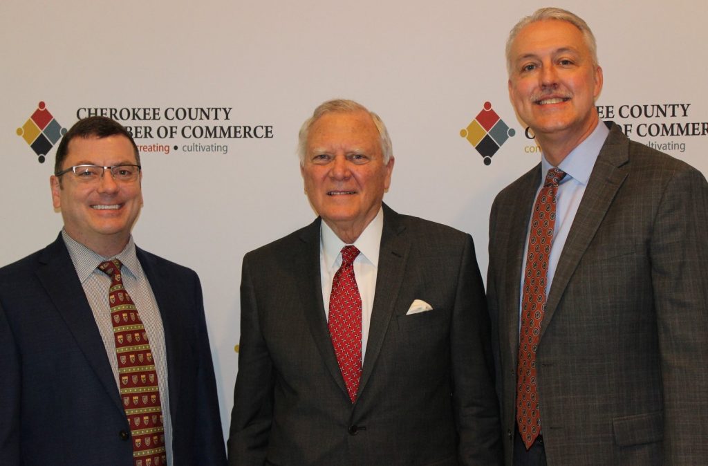 Former Georgia Governor Nathan Deal was the featured speaker at the Cherokee Chamber’s annual meeting. Shown here, l-r, are John Barker, former Gov. Nathan Deal, and David Simmons.