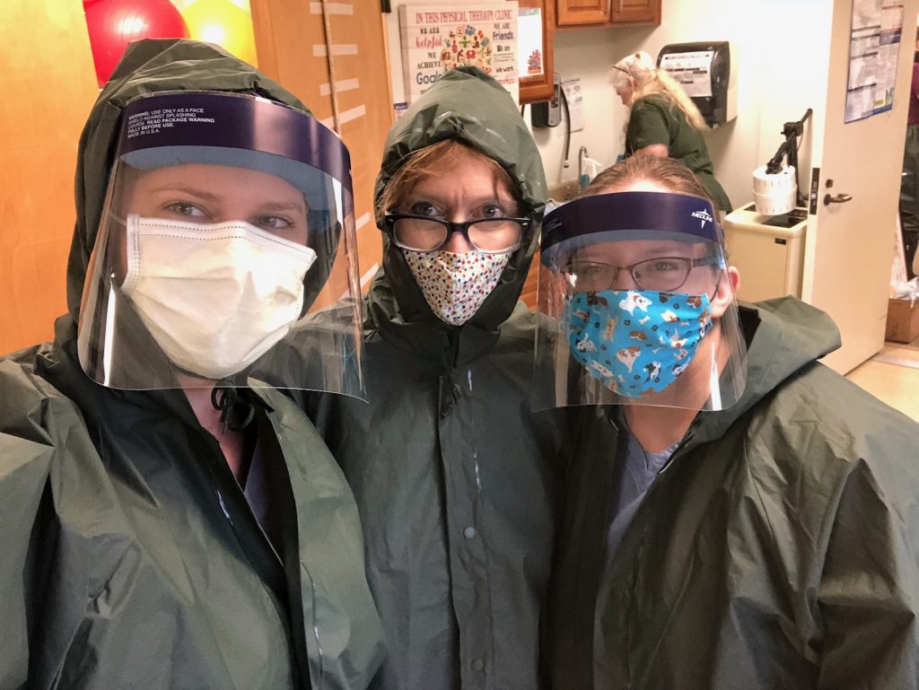 Shown here, l-r, are Chattahoochee Tech graduates Kelsie Odom, Kimberly DeLeon, and Ashley Moore who are working as Physical Therapist Assistants (PTA) at a skilled nursing facility in Cobb County.