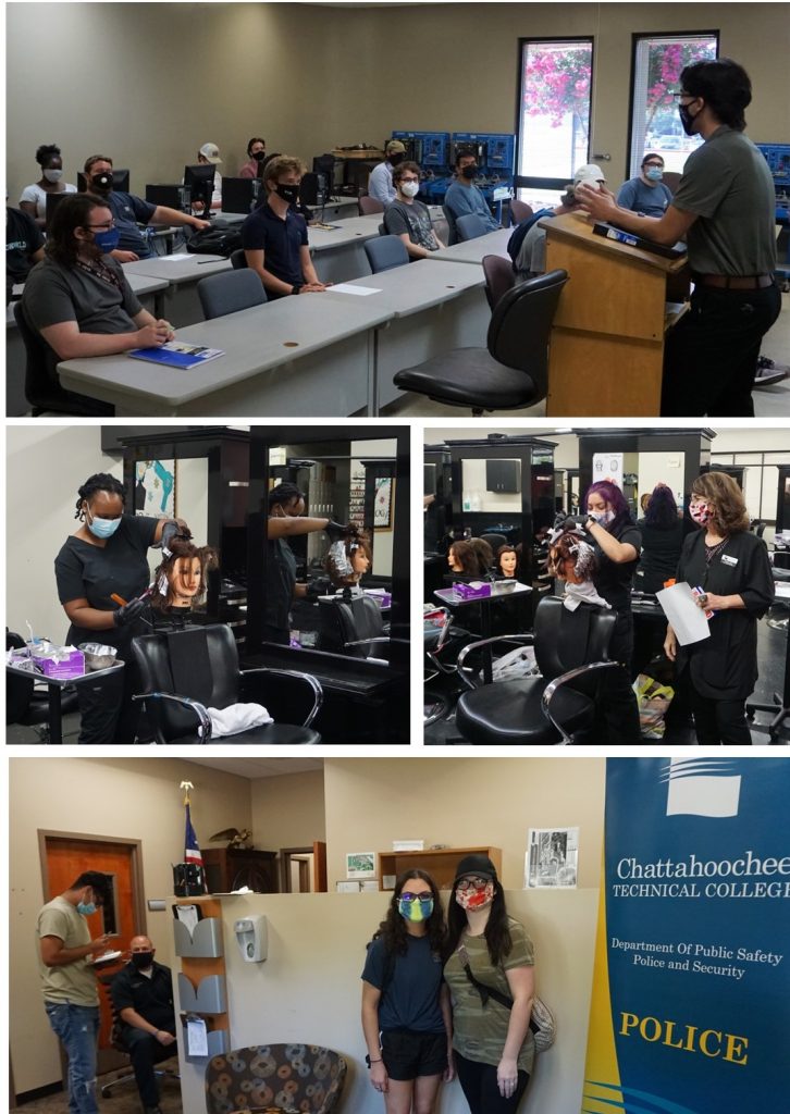 Chatt Tech students are shown here in the Cosmetology lab and in the Campus Police Department office.