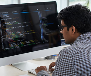 A man looking at a computer