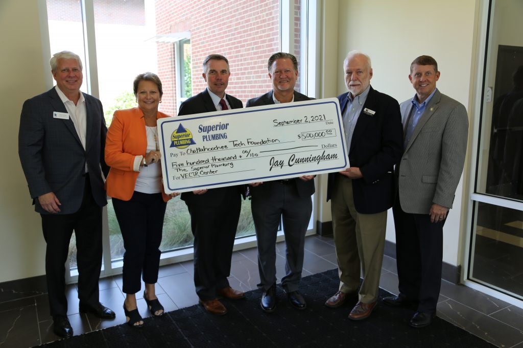 Shown here, l-r, are TCSG State Board Chair Doug Carter, Chattahoochee Tech Vice President of Advancement Jennifer Nelson, Chattahoochee Tech Foundation Board Chair Mark Goddard, TCSG State Board Member Jay Cunningham, Chattahoochee Tech President Dr. Ron Newcomb, and TCSG Commissioner Greg Dozier.