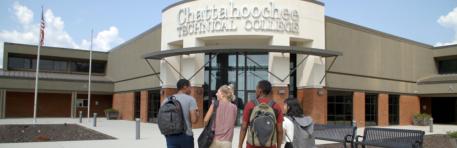Students walking to front doors of Chattahoochee Technical College