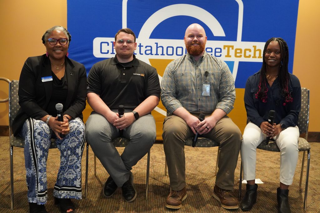 The Manufacturer Appreciation Week Lunch-and-Learn panel at Chattahoochee Tech consisted of, l-r, Stephanie O'Donoghue, Dayne Hickey, Gordon Wallin, and Elizabeth Johnson.