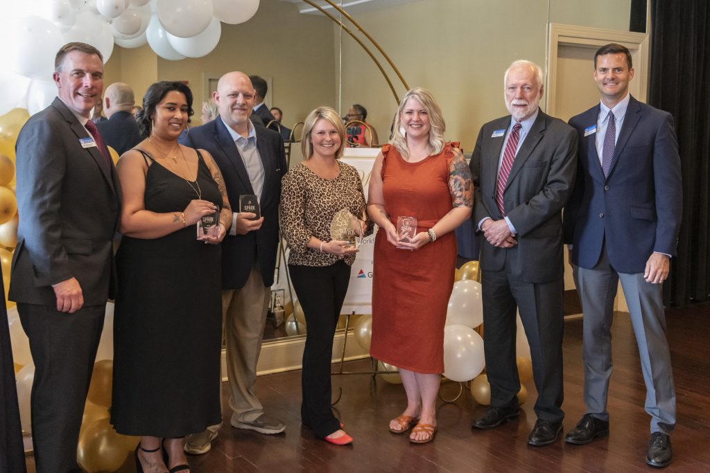 Shown here are Board of Trustees Chair Mark Goddard; Chattahoochee Tech alumni Savita Saldivar, Steven Lavin, Jennifer Chin, and Mary Stapleton; Chattahoochee Tech President Dr. Ron Newcomb; and
Board of Trustees member Jeff Butterworth.