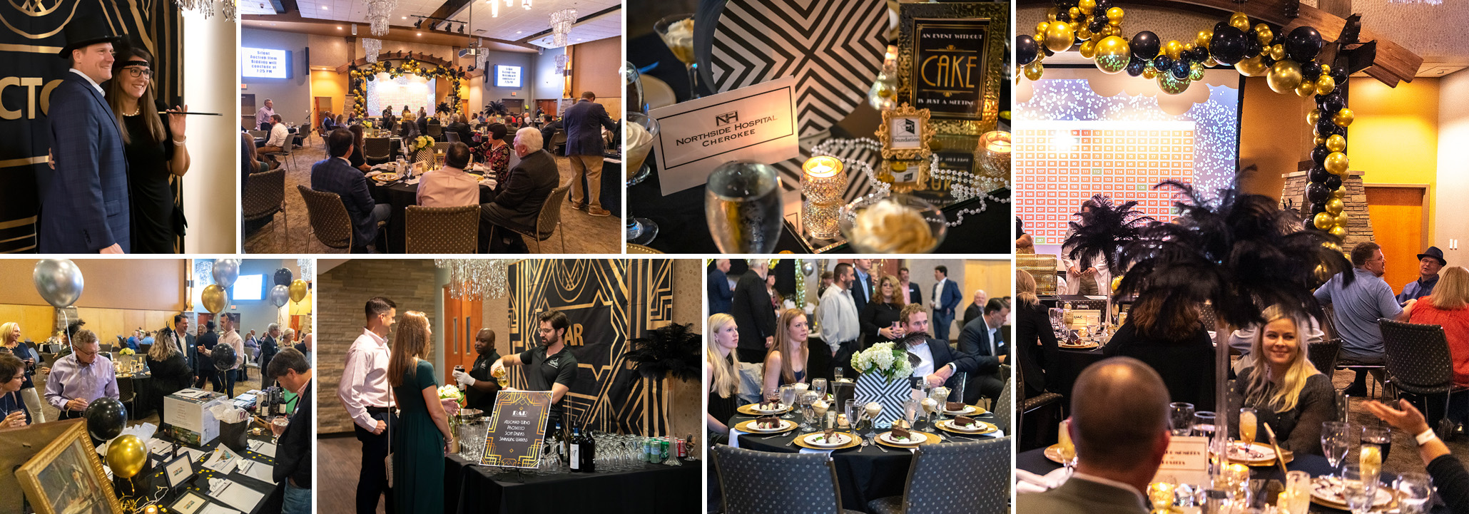 A collage of reverse raffle guests dressed in nice clothing with decor in background such as balloons and banners and tables set with delicious food
