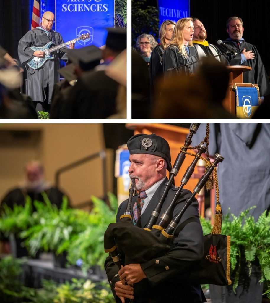 The commencement ceremony music music included a guitar player for the singing of the National Anthem. A bagpiper played as graduates entered the auditorium.