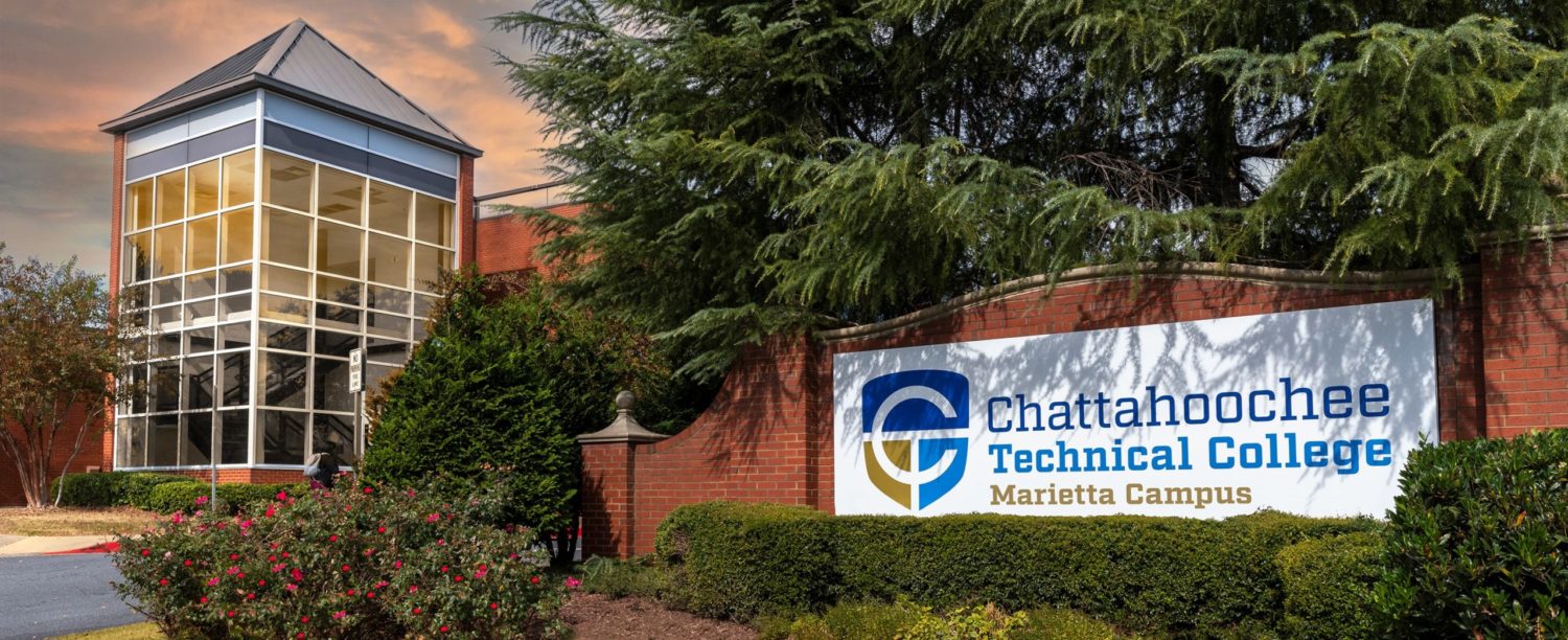 Chattahoochee Tech Marietta Campus front signage with the a building in the background