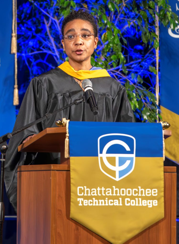 Instructor Adrienne Baldwin delivers Commencement address