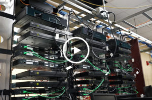 Servers connected with wires in a server room