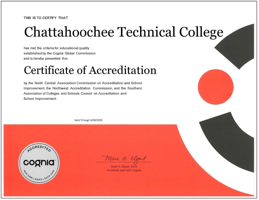 Certificate of Accreditation from Cognia for Chattahoochee Technical College Dual Achievement Program