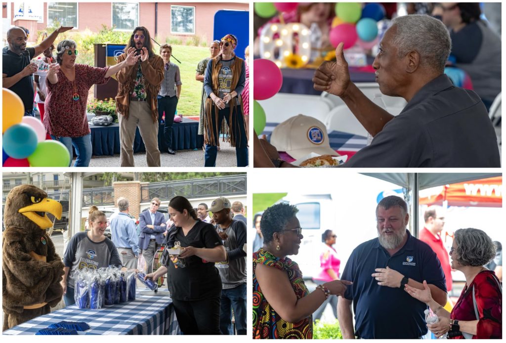 Participants in the costume contest are shown here along with participants enjoying the cookout, conversations and giveaway items.