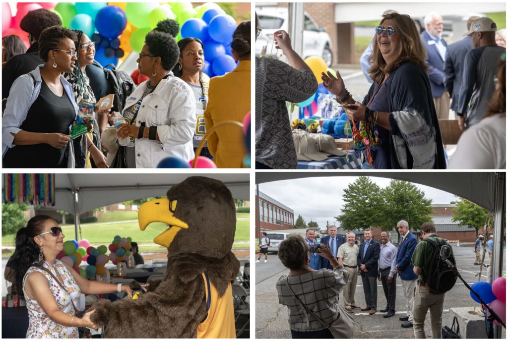 The Chattahoochee Tech mascot, Swoop, faculty, staff and local officials are shown here at the celebration.