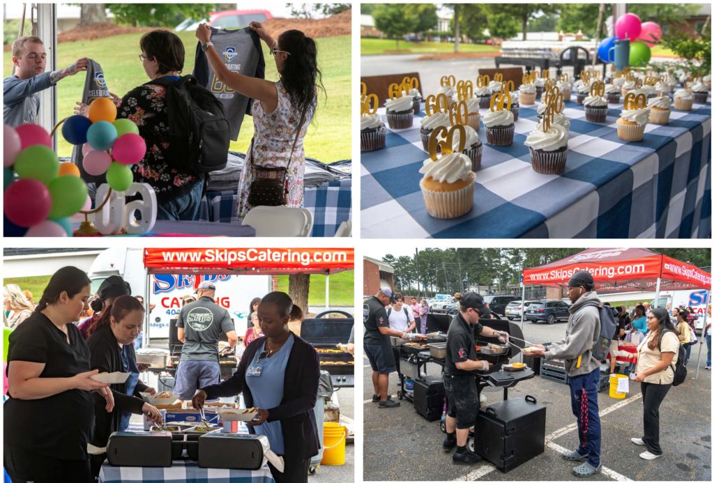 Participants in the celebration are shown here at the cookout and with 60th anniversary t-shirts and cupcakes