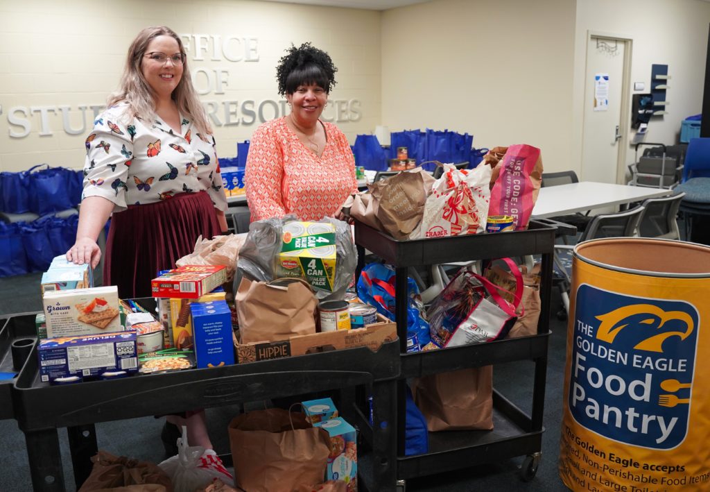 Donations on carts are shown here for the Golden Eagle Food Pantry