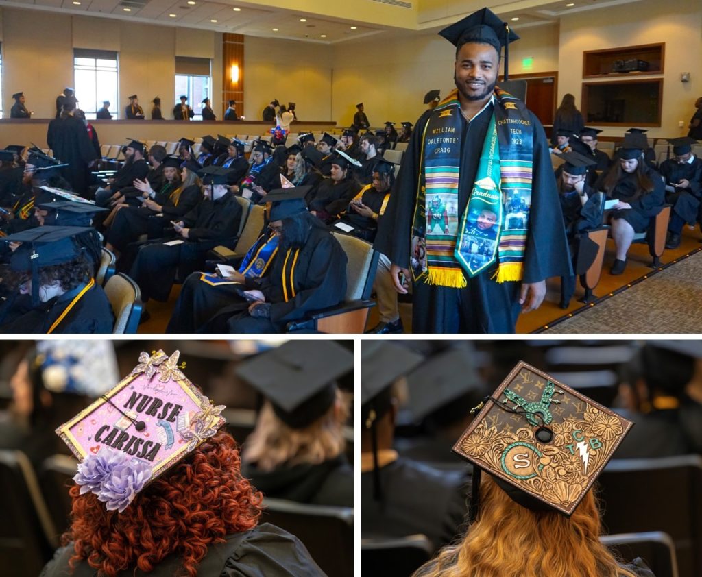 Graduating students gathered together in the conference center before the commencement ceremony.