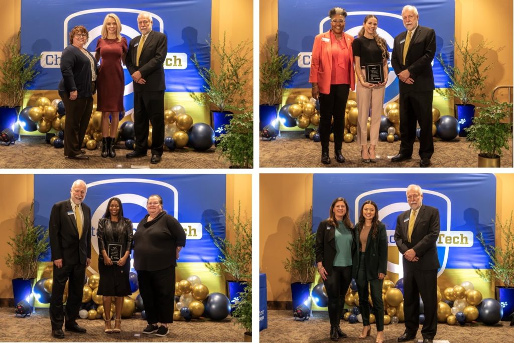 The 2024 GOAL Finalists are shown on stage with their nominating instructors and Chatt Tech President Dr. Ron Newcomb.