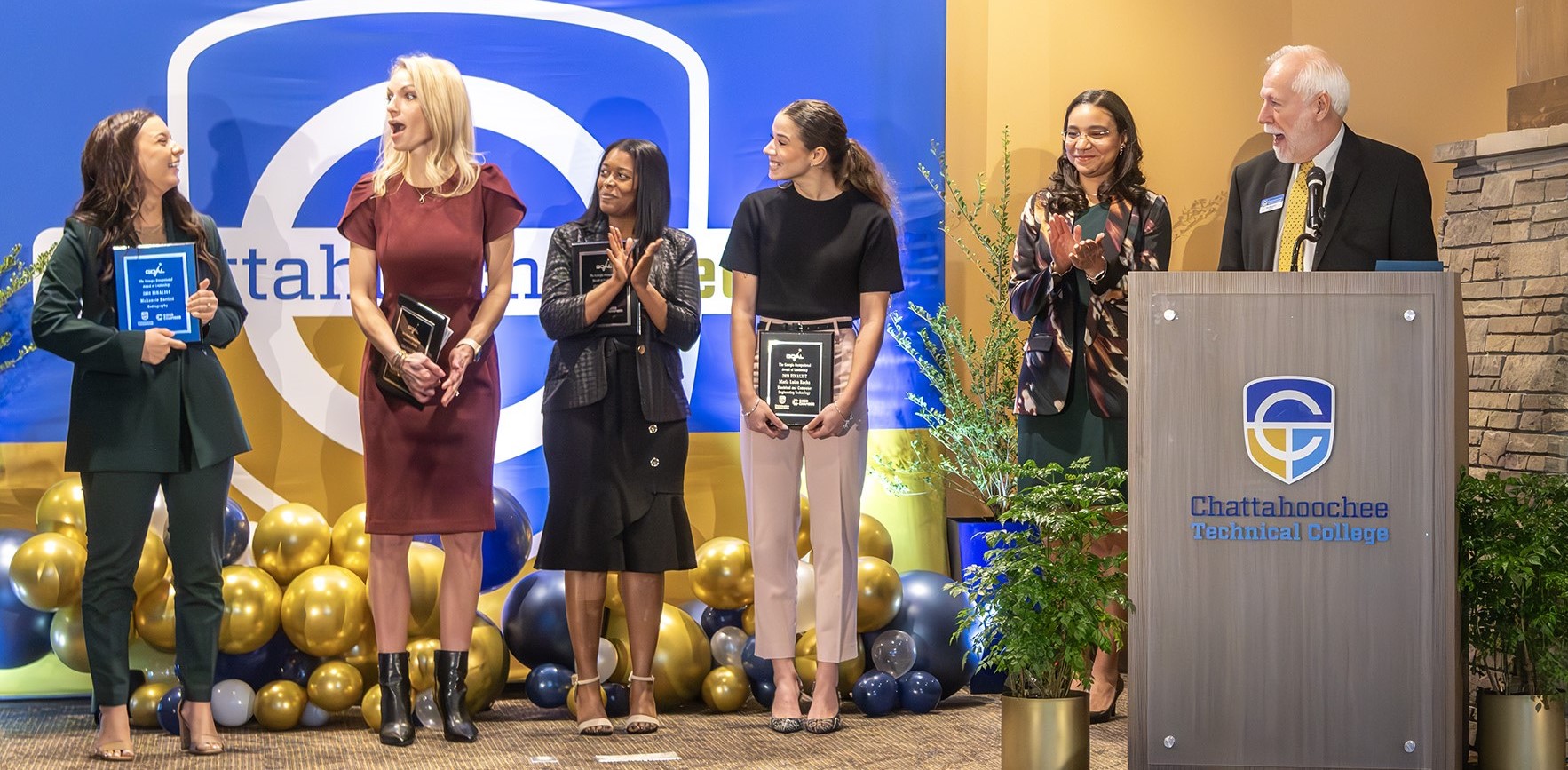 The Chatt Tech 2024 GOAL Finalists react on stage when the winner is announced