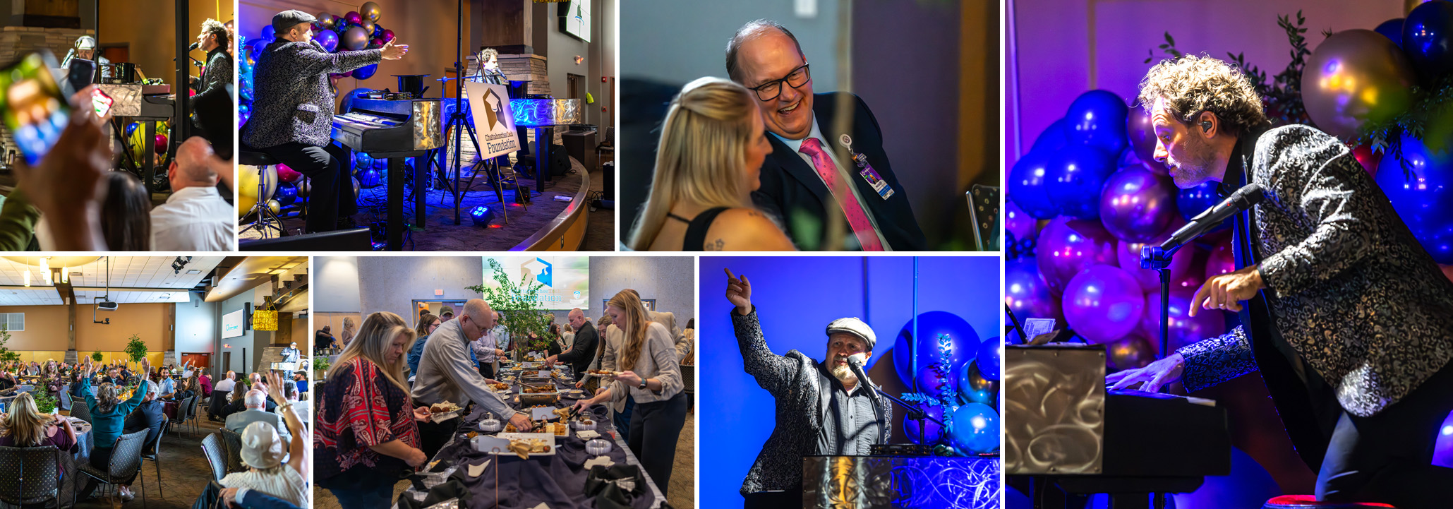 A photo collage of guests smiling and enjoying food while listening to the Dueling Pianos show