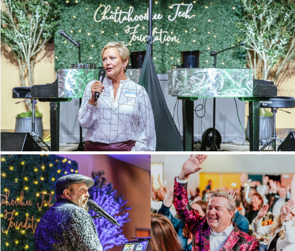 Shown here are Jennifer Nelson, one of the Andrews Brothers performers and emcee John Loud