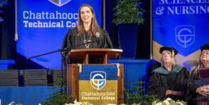 Chatt Tech President Heather Pence at podium during December 2025 Commencement Ceremony