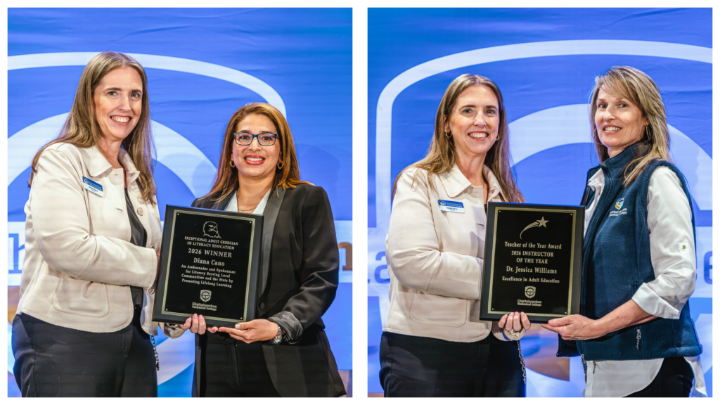 Diana Cano, Chattahoochee Tech’s EAGLE Award recipient, and Jessica Williams, the college’s Adult Education Teacher of the Year, stand with President Heather Pence as they accept their awards.